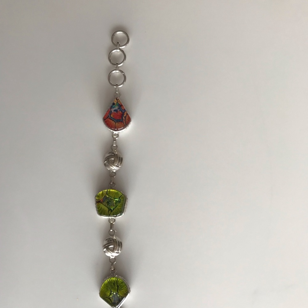 925 Artisan crafted Silver-Tone Bracelet with Green and Orange Enamel Accents